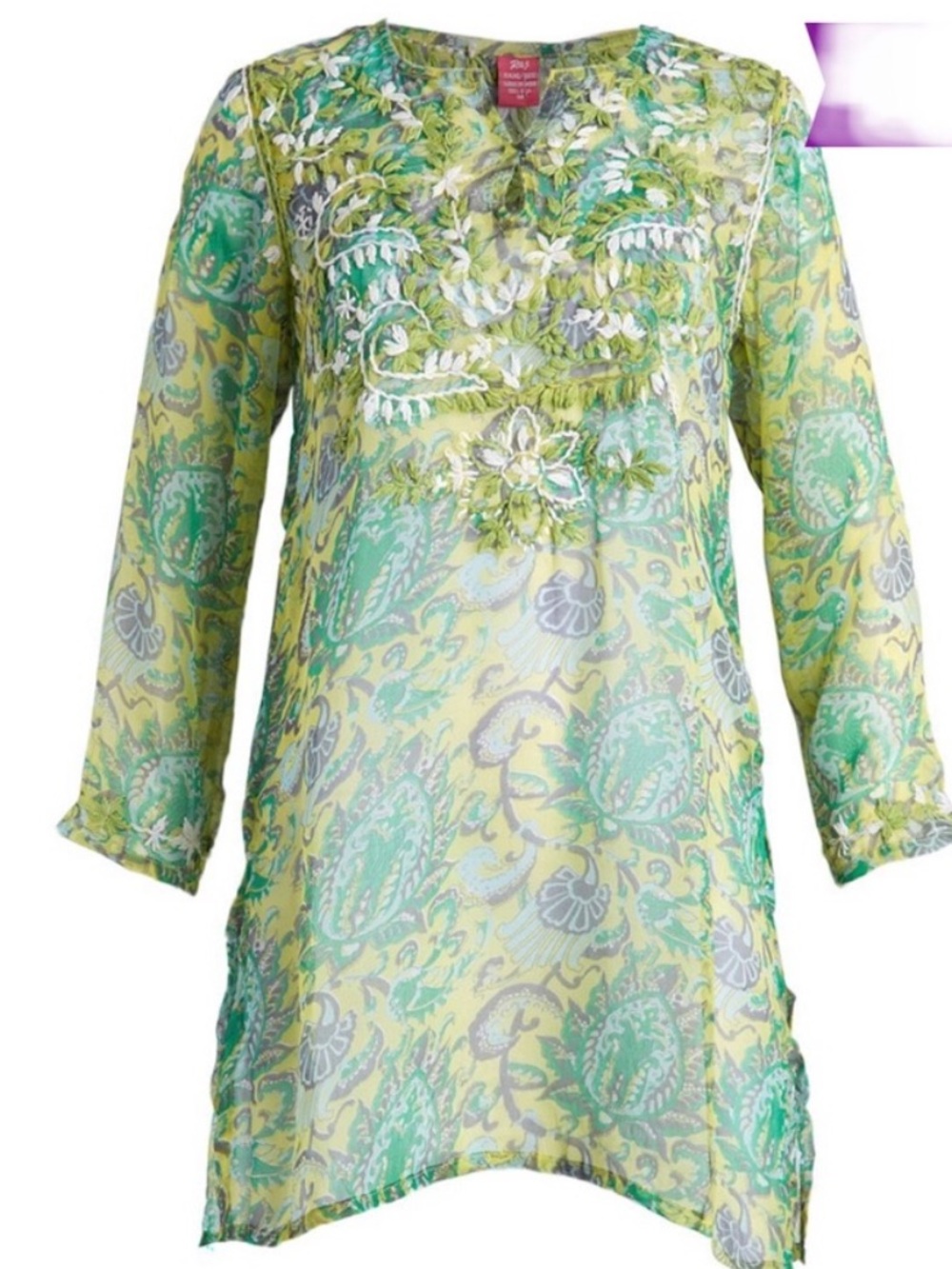Silk sheer beach cover up resort wear tunic  XL green blue paisley Santorini - Picture 2 of 7